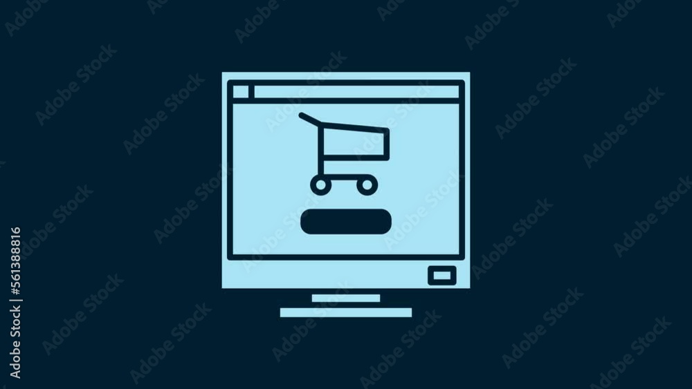 White Shopping cart on screen computer icon isolated on blue background. Concept e-commerce, e-business, online business marketing. 4K Video motion graphic animation White Shopping cart on screen computer icon isolated on blue background. Concept e-commerce, e-business, online business marketing. 4K Video motion graphic animation