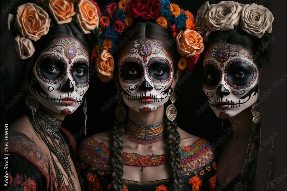 Dia de los muertos, Mexican holiday of the dead and halloween. Three women with sugar skull make up and flowers. This image is generated with generative AI Dia de los muertos, Mexican holiday of the dead and halloween. Three women with sugar skull make up and flowers. This image is generated with generative AI