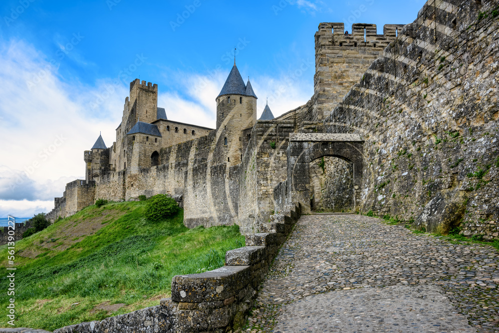Walls and towers of the historical walled town of Carcassonne, France