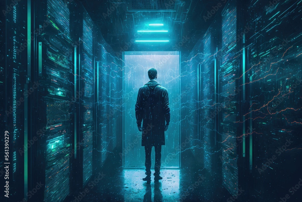 hacker entering server room, matrix style hacker entering server room, matrix style