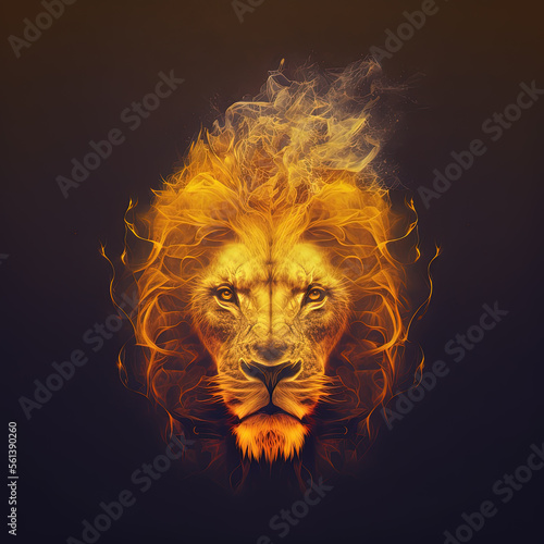 Double exposure of lion head and fire. Generative AI. Not based on any