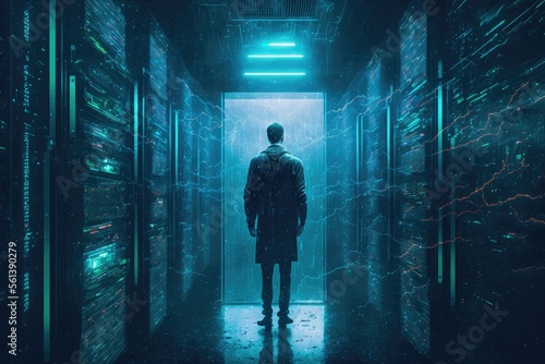 hacker entering server room, matrix style