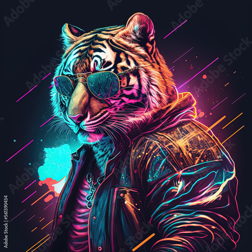 Fashion tiger in leather jacket and sunglasses. Generative AI Not photo