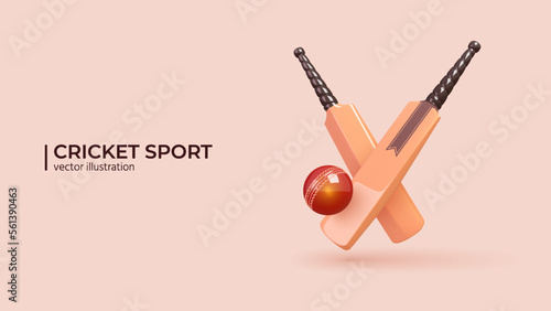 3d Cricket Concept. Realistic 3d Design of Cricket championship, Cricket Bat, Ball in Trendy colors. Vector illustration in cartoon minimal style.