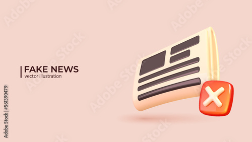 3d Vector Fake News or Spam Concept. Realistic 3d Design of Newspaper. News paper with curved sheet with Red Sign in Trendy colors. Vector illustration in cartoon minimal style.