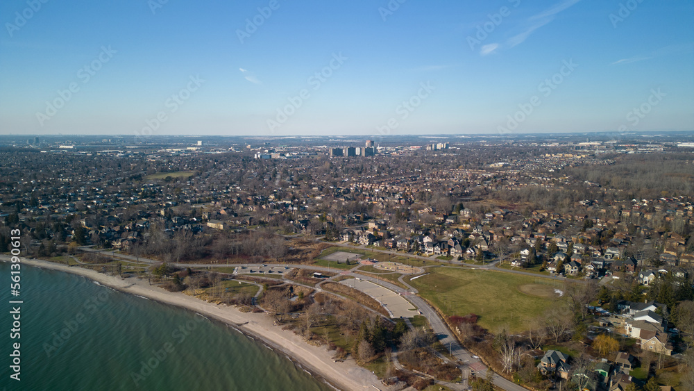 Aerial view of Paradise Park on the coast of Lake Ontario in Ajax Ontario