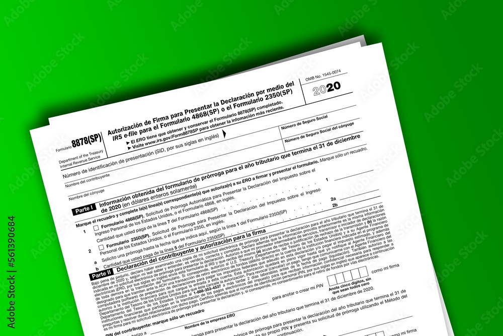 Form 8878 (SP) documentation published IRS USA 01.19.2021. American tax document on colored