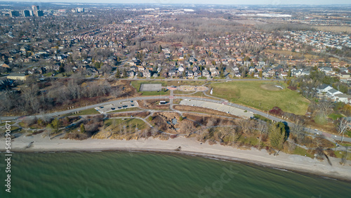 Aerial view of Paradise Park on the coast of Lake Ontario in Ajax Ontario