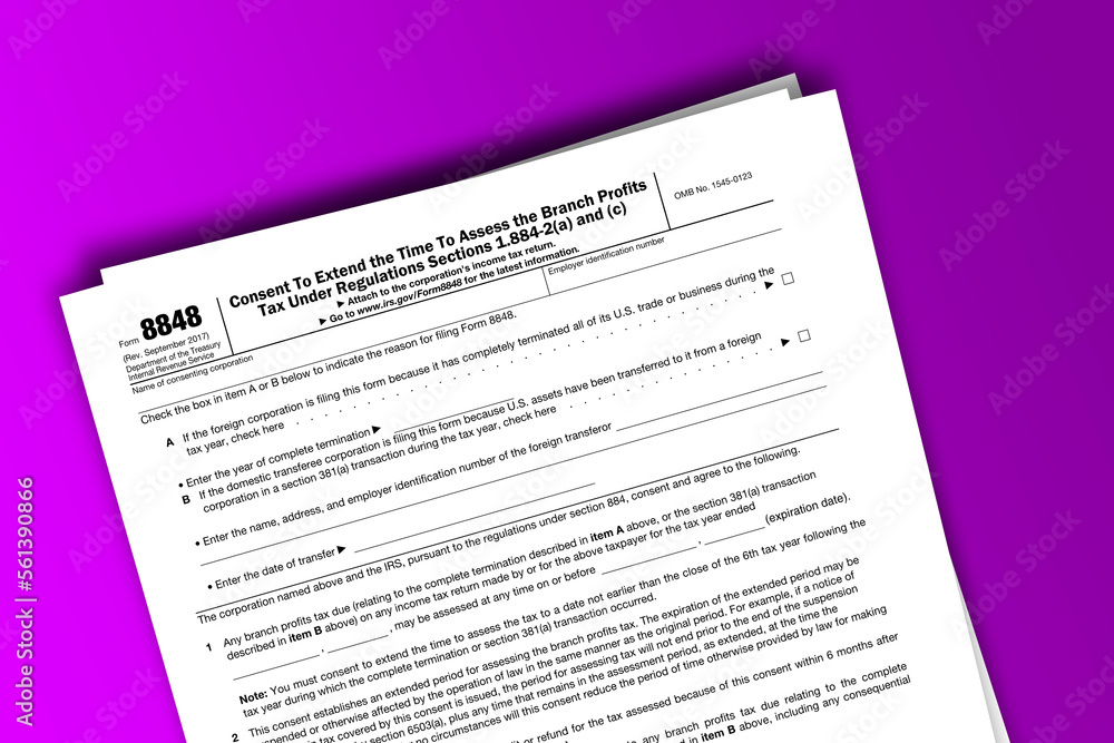 Form 8848 documentation published IRS USA 09.16.2017. American tax document on colored Form 8848 documentation published IRS USA 09.16.2017. American tax document on colored