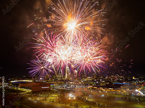 Aerial Image of fireworks in the city of Omaha Nebraska