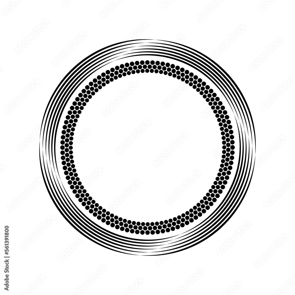 Black halftone dots and stripes in circle form. Geometric art. Vector illustration. Design element for border frame, round logo, tattoo, sign, symbol, badge, social media, prints, template, flyer Black halftone dots and stripes in circle form. Geometric art. Vector illustration. Design element for border frame, round logo, tattoo, sign, symbol, badge, social media, prints, template, flyer
