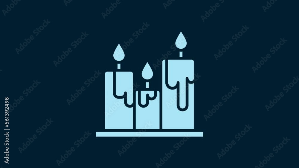 White Burning candles icon isolated on blue background. Cylindrical candle stick with burning flame. 4K Video motion graphic animation White Burning candles icon isolated on blue background. Cylindrical candle stick with burning flame. 4K Video motion graphic animation