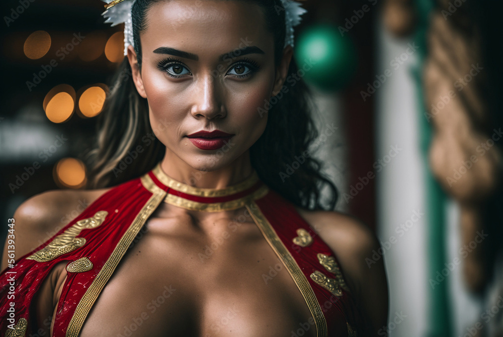 attractive provocatively dressed woman in santa claus costume respectively santa claus woman indoor in front of a Christmas tree with blurred candle lights. Generative AI