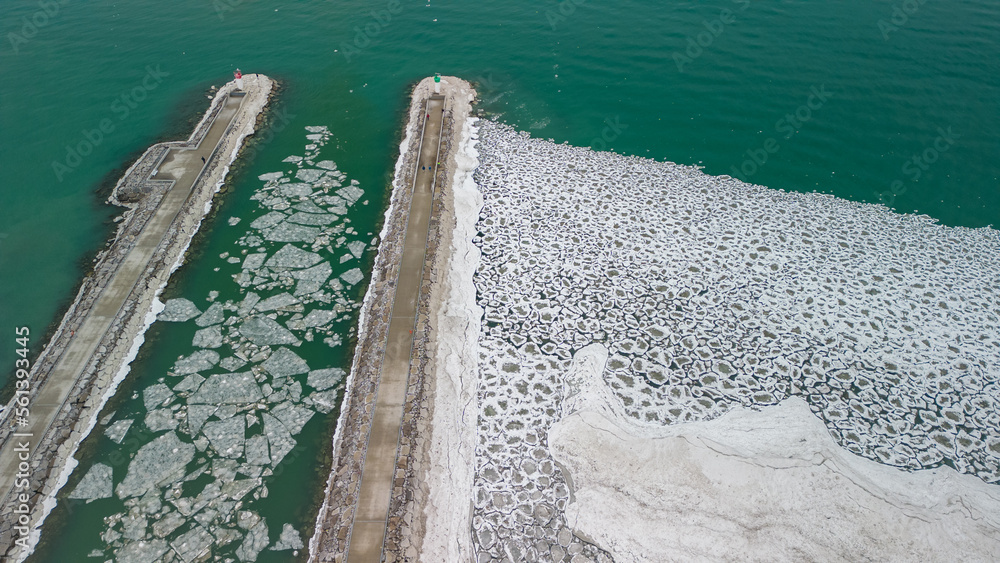 Aerial view of Frenchman's Bay Lighthouses in Pickering Ontario on the coast of Lake Ontario