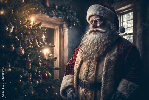 Santa Claus in his Christmas costume stands next to a Christmas tree with candle lights in a living room of an old house. Generative AI © wetzkaz