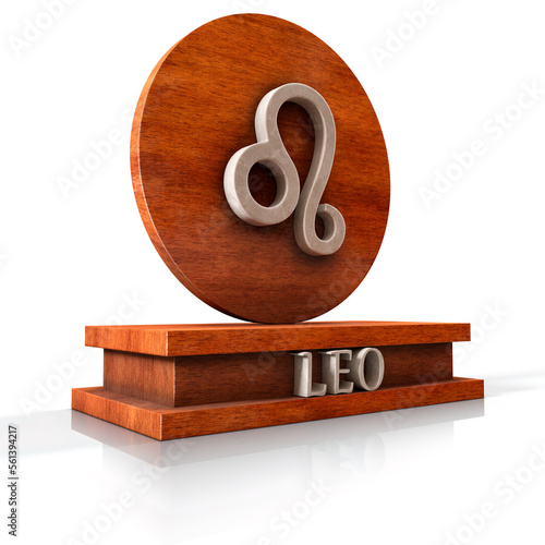 Leo zodiac sign. 3D illustration of the zodiac sign Leo made of stone on a wooden stand with the name of the sign at the base. Part of a set of 12 images of the zodiac signs