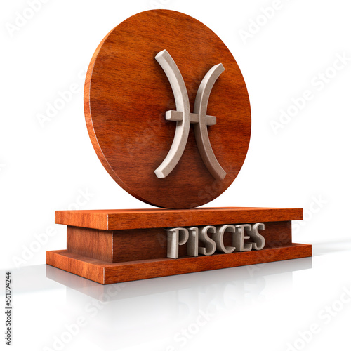 Pisces zodiac sign. 3D illustration of the zodiac sign Pisces made of stone on a wooden stand with the name of the sign at the base. Part of a set of 12 images of the zodiac signs