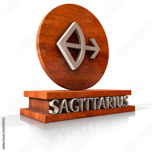 Sagittarius zodiac sign. 3D illustration of the zodiac sign Sagittarius made of stone on a wooden stand with the name of the sign at the base. Part of a set of 12 images of the zodiac signs
