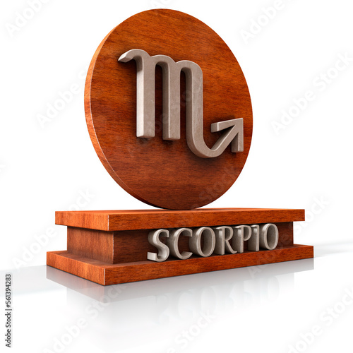 Scorpio zodiac sign. 3D illustration of the zodiac sign Scorpio made of stone on a wooden stand with the name of the sign at the base. Part of a set of 12 images of the zodiac signs