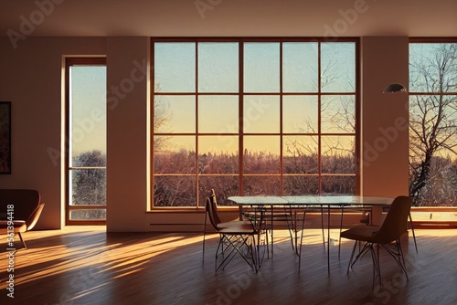 Winter Dining Interior with Dining Table and Large Windows at Golden Hour Made with Generative AI