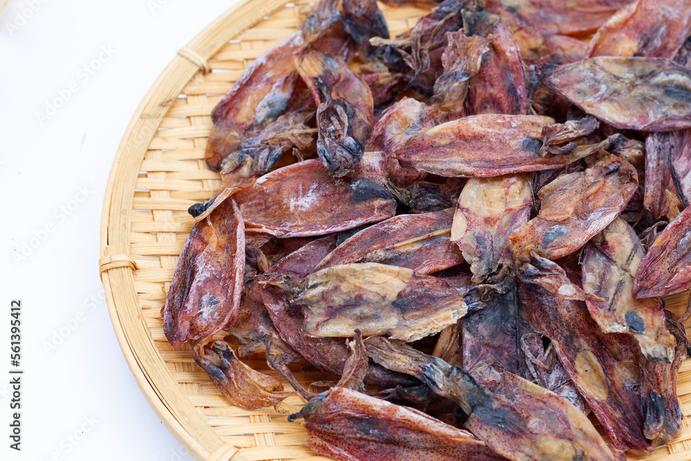 Dried squid on white background.