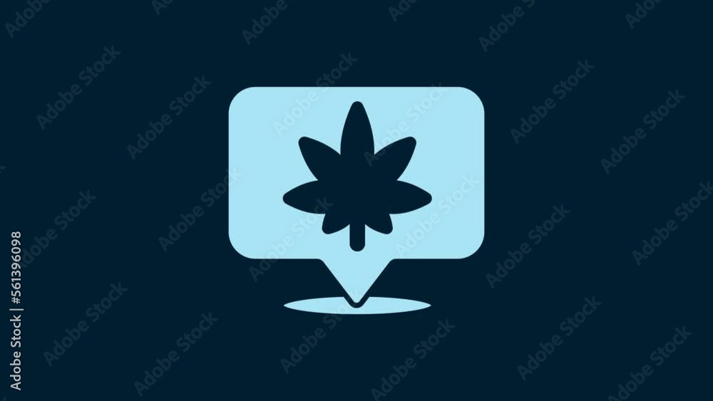 White Map pointer and marijuana or cannabis leaf icon isolated on blue background. Hemp symbol. 4K Video motion graphic animation White Map pointer and marijuana or cannabis leaf icon isolated on blue background. Hemp symbol. 4K Video motion graphic animation