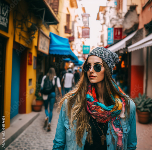 a young woman walking through a narrow alley in a tourist city w