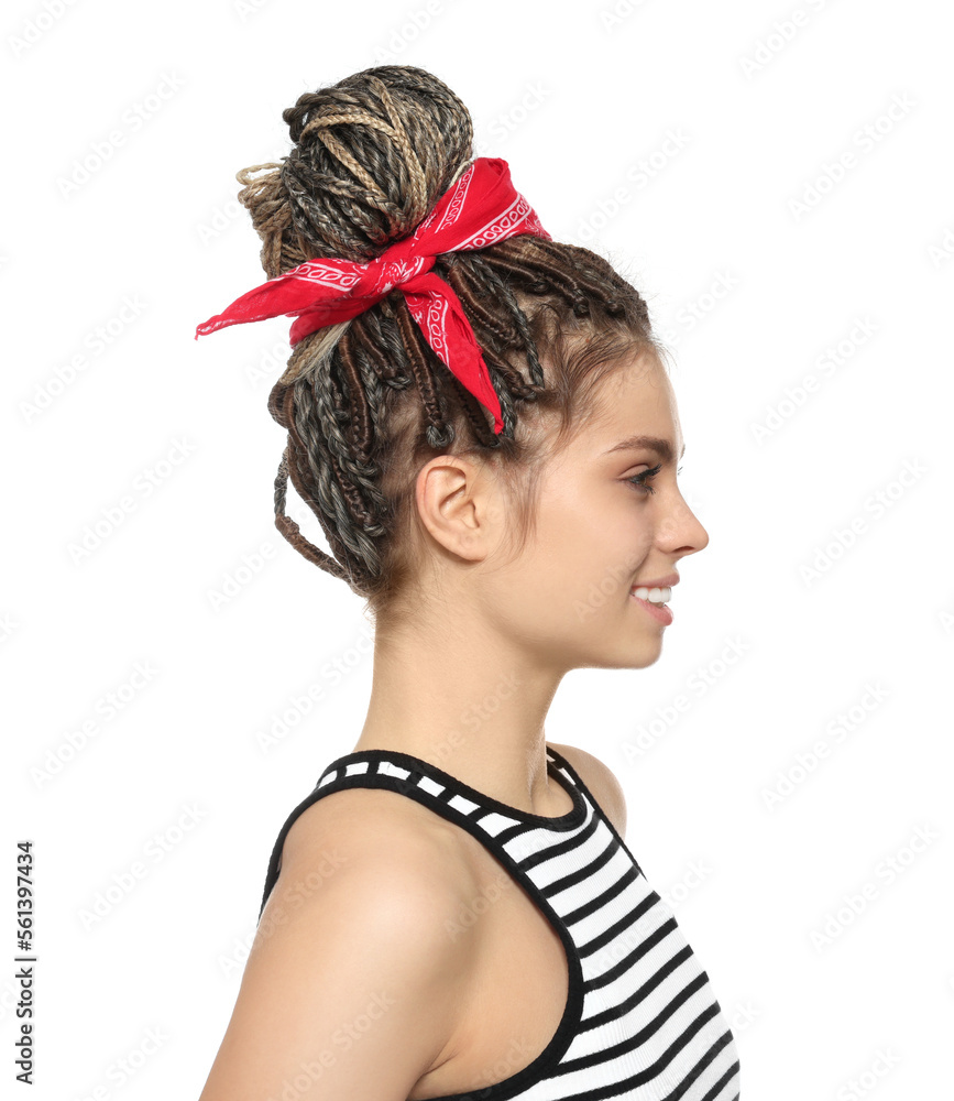 Naklejka premium Beautiful woman with stylish african braided bun and headband on white background