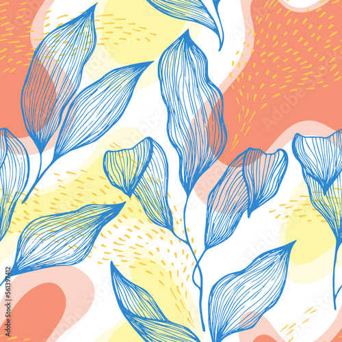 Sketch style doodle line texture leaves over stains and dots seamless vector ...