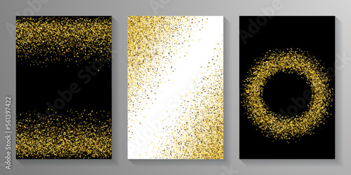 Sparkling gold confetti powder scatter texture. Triangle square circle star granules noise. Banner template. Blink grit elements grain confetti. Party decoration sequins splash