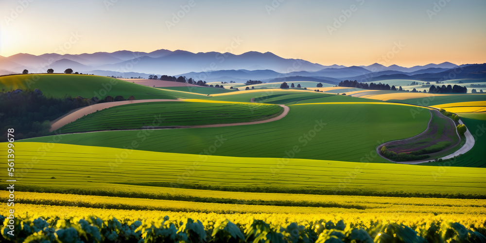 Fototapeta premium farm in farmland with a field of flowers and mountains in the background, with rolling hills and immaculate rows of crops.