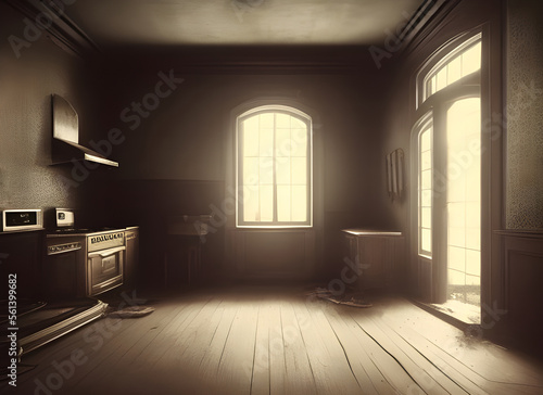 Dark atmospheric illustration of an empty abandoned kitchen in an old house with light though the windows casting deep shadows on wooden floorboards and old appliances. generative ai illustration