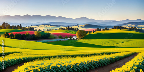  farm in farmland with a field of flowers and mountains in the background, with rolling hills and immaculate rows of crops.
