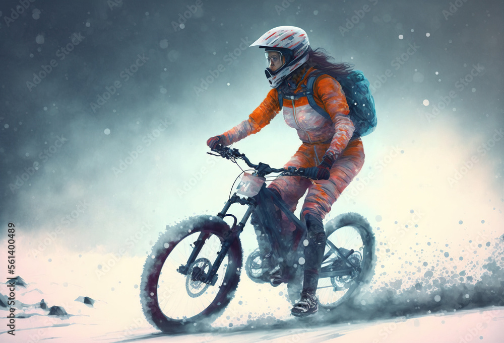 Naklejka premium woman on bike in winter created with Generative AI technology