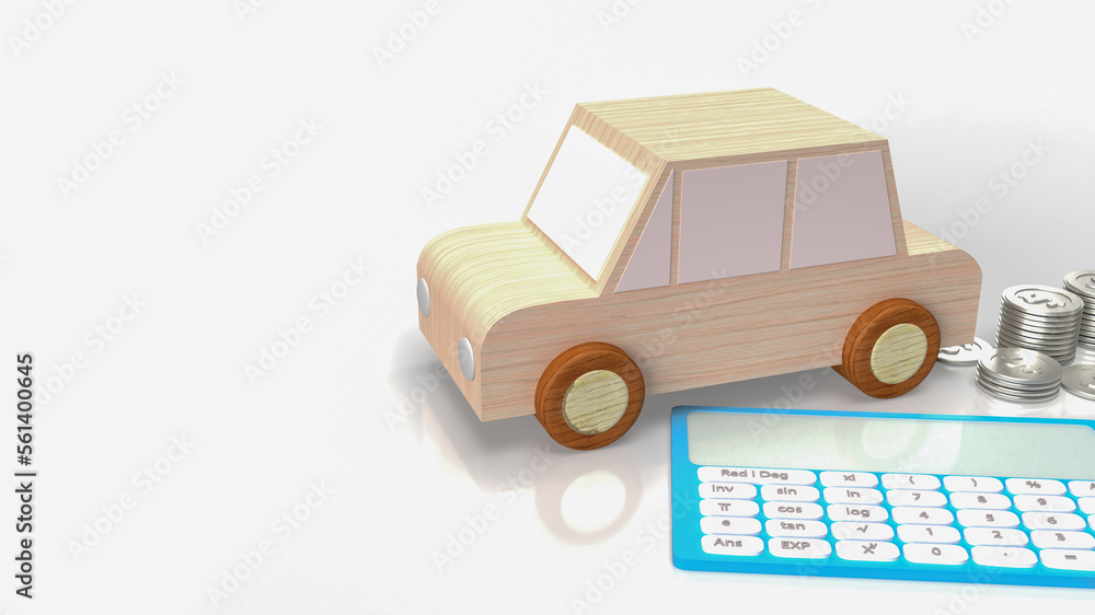 Obraz premium The toy wood car and blue calculator on white background 3d rendering