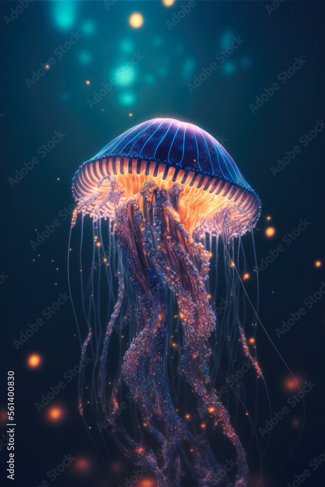 a vibrant bioluminescent jellyfish in dark blue water, generative ai a vibrant bioluminescent jellyfish in dark blue water, generative ai