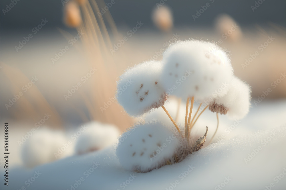 white cottongrass flower in the snow, generative ai