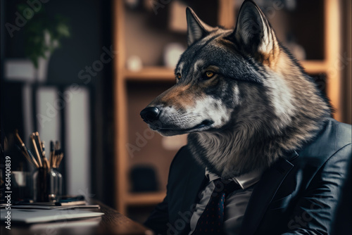 portrait of a wolf in a business suit at the office, generative ai