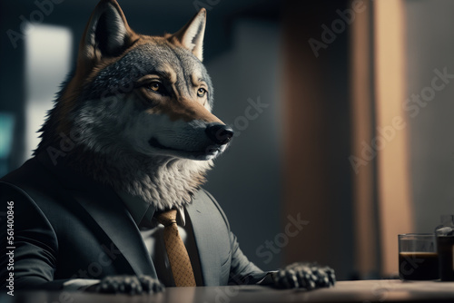 portrait of a wolf in a business suit at the office, generative ai