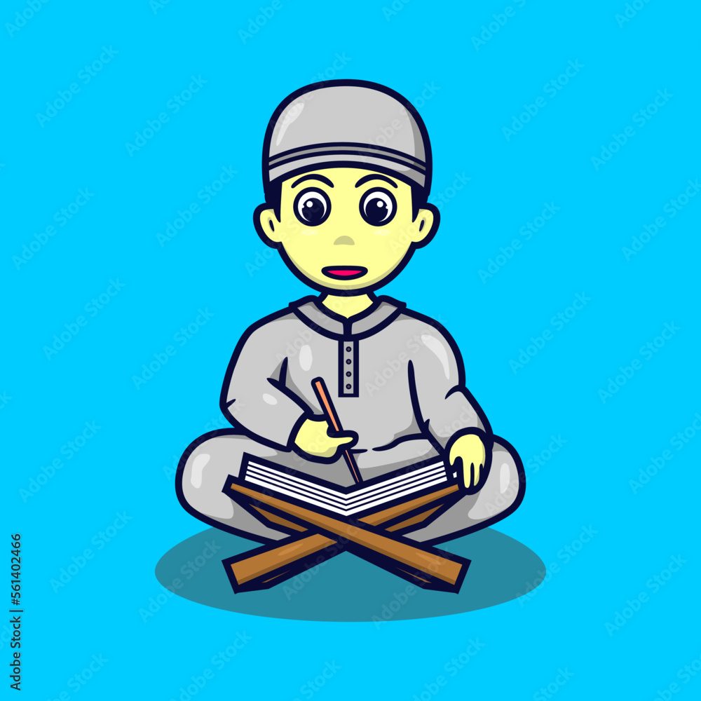 Cute boy reading Al Qur'an vector illustration stock.flat cartoon style.suitable for icon ramadan mascot,sticker,banner,wallpaper,et Cute boy reading Al Qur'an vector illustration stock.flat cartoon style.suitable for icon ramadan mascot,sticker,banner,wallpaper,et