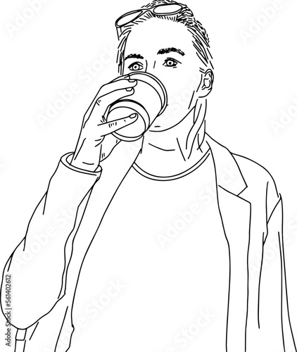 Outline sketch of a girl drinks coffee to go from a disposable cup in doodle realistic style