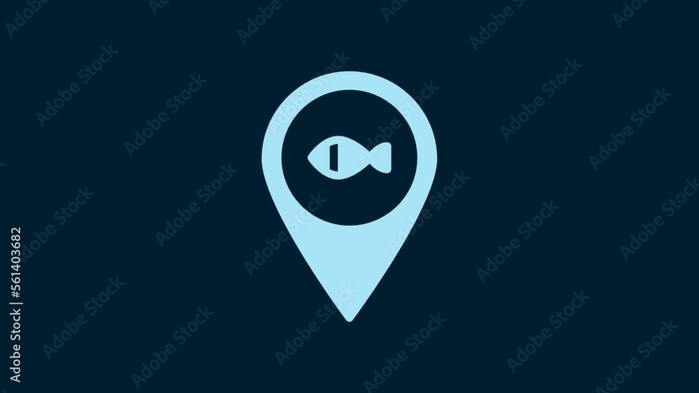 White Location fishing icon isolated on blue background. Fishing place. 4K Video motion graphic animation White Location fishing icon isolated on blue background. Fishing place. 4K Video motion graphic animation