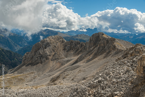 Dolomite rock wall at mountain range. Dolomites UNESCO Italian Alps landscape