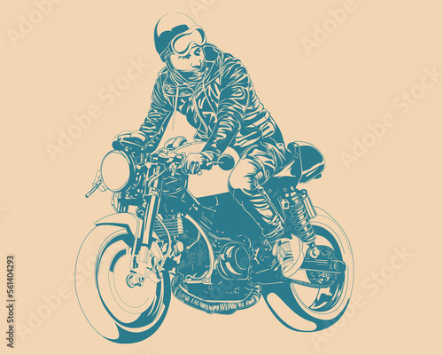 Photo man is riding a motorcycle vintage illustration
