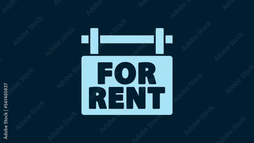 White Hanging sign with text For Rent icon isolated on blue background. Signboard with text For Rent. 4K Video motion graphic animation White Hanging sign with text For Rent icon isolated on blue background. Signboard with text For Rent. 4K Video motion graphic animation