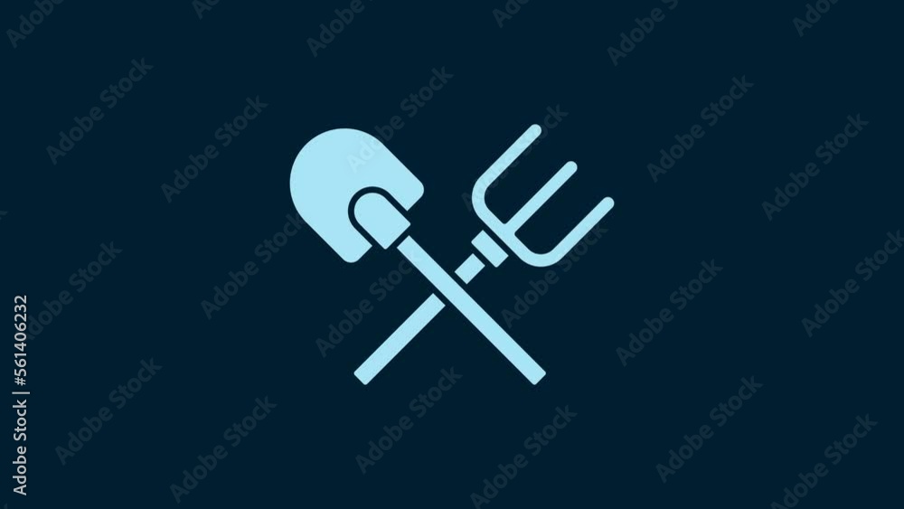 White Shovel and rake icon isolated on blue background. Tool for horticulture, agriculture, gardening, farming. Ground cultivator. 4K Video motion graphic animation White Shovel and rake icon isolated on blue background. Tool for horticulture, agriculture, gardening, farming. Ground cultivator. 4K Video motion graphic animation