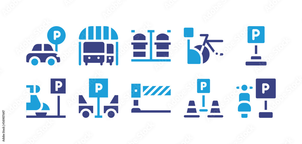 Parking icon set. Duotone color. Vector illustration. Containing parking lot, bus depot, parking area, parking, parking sign, motorcycle, barrier, reserved, motorcycle parking.