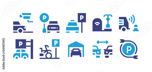 Parking icon set. Duotone color. Vector illustration. Containing parking, taxi, bike, parking sensor, parking lot, bicycle, garage, distance. © Huticon
