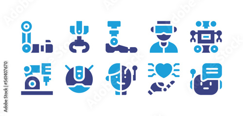 Robotic icon set. Duotone color. Vector illustration. Containing robotic arm, mechanical arm, robot leg, virtual reality glasses, robot, robot vacuum cleaner, robotic head, feeling, chatbot.