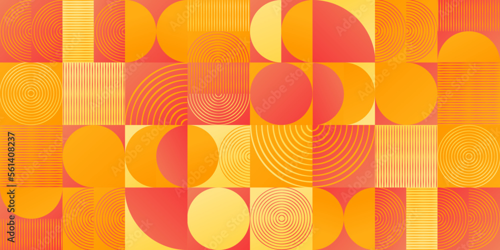 Obraz premium Kompozycja z geometrycznymi kształtami i liniami - mozaika w czerwonym, pomarańczowym i żółtym kolorze. Powtarzający się wzór w stylu neo geometry do zastosowania jako tło do projektów.